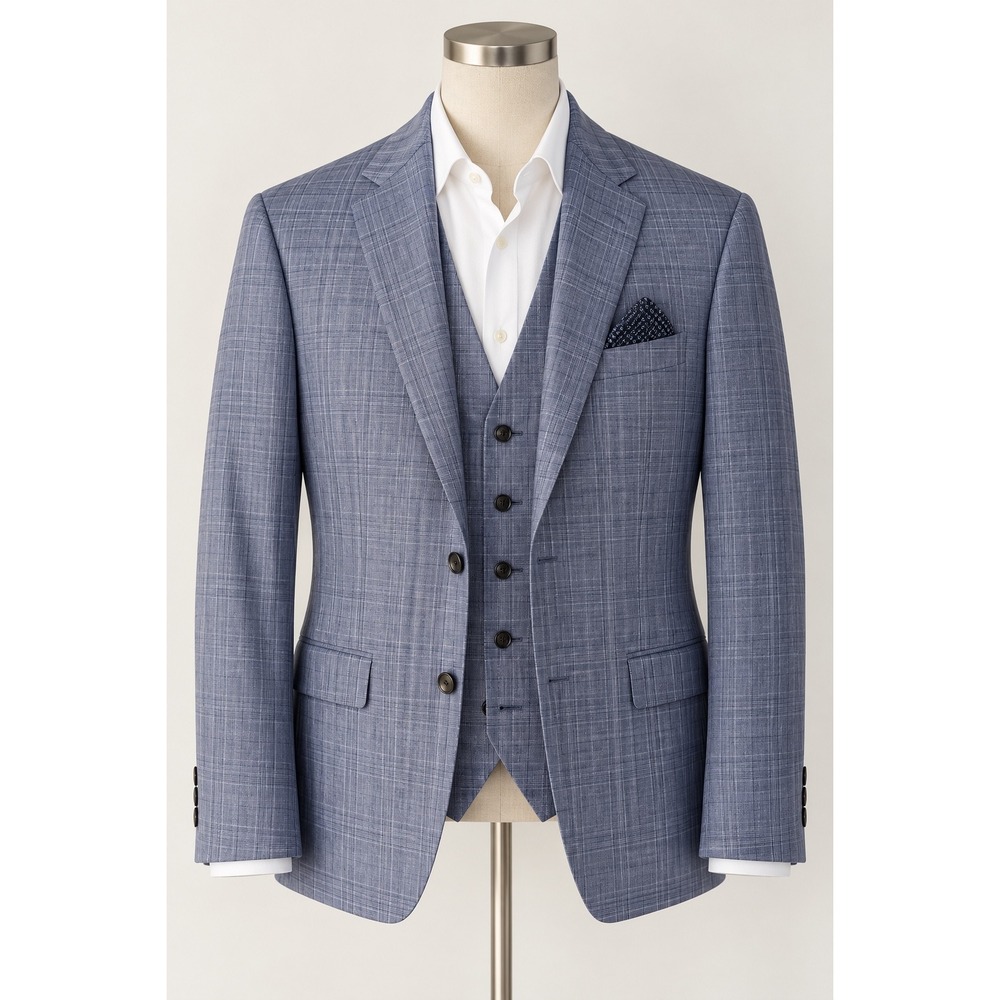 Lauren Ralph Lauren Suit Jacket Vest Mens 38S Blue Plaid Ultraflex Wool Blend